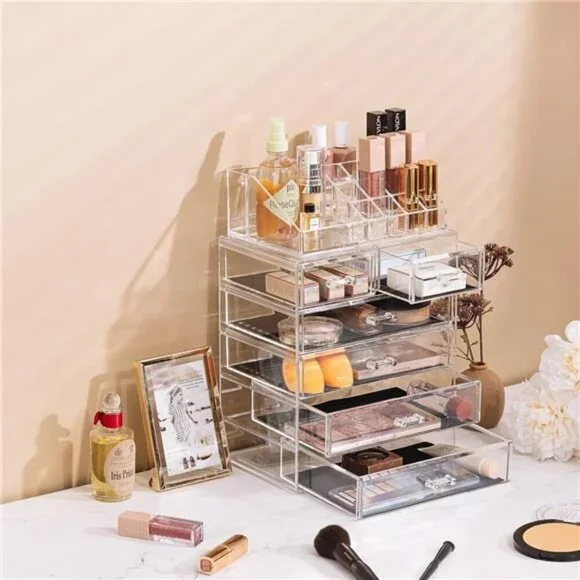 Clear acrylic makeup organizer with drawers vanity storage case for jewelry